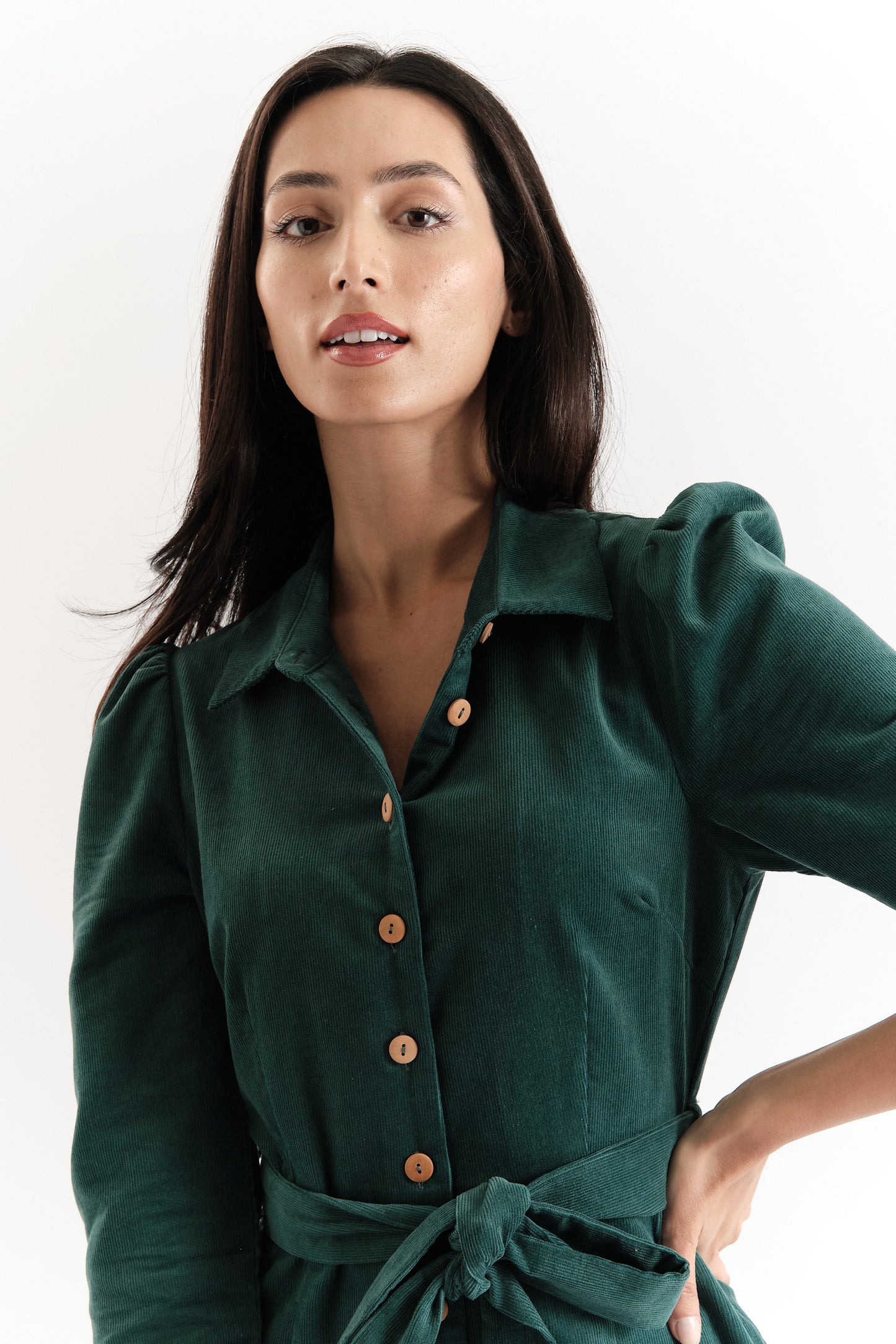 Monick 3/4 Sleeve Cord Midi Shirt Dress - Green