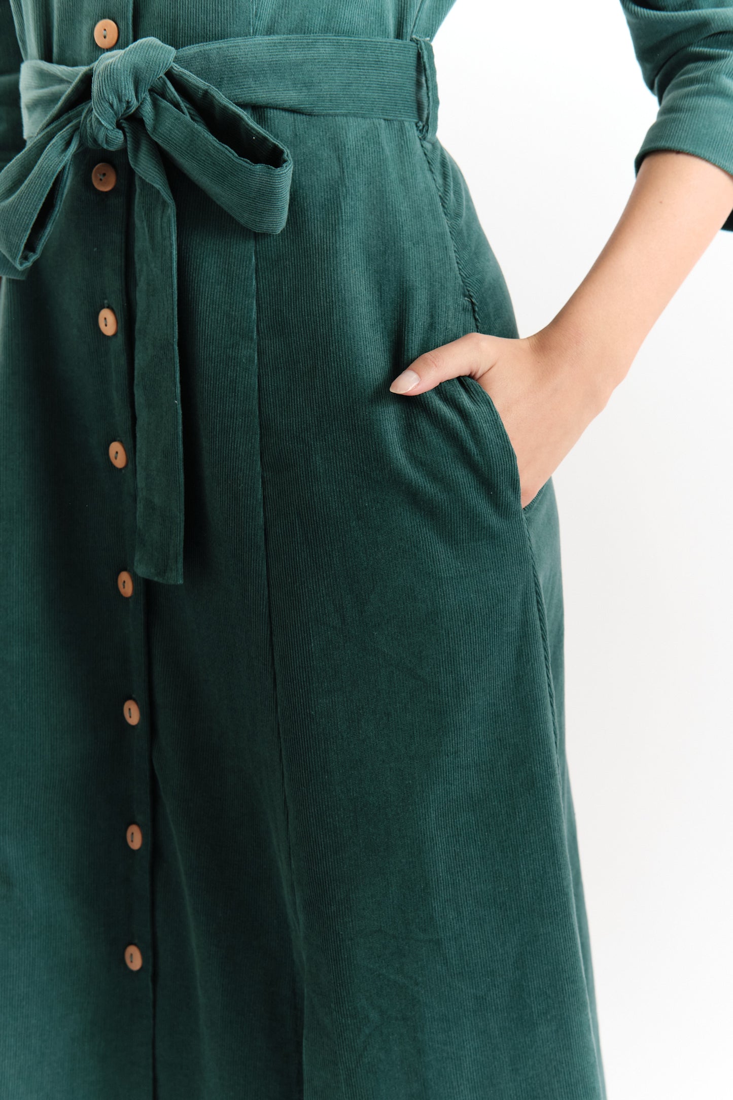 Monick 3/4 Sleeve Cord Midi Shirt Dress - Green