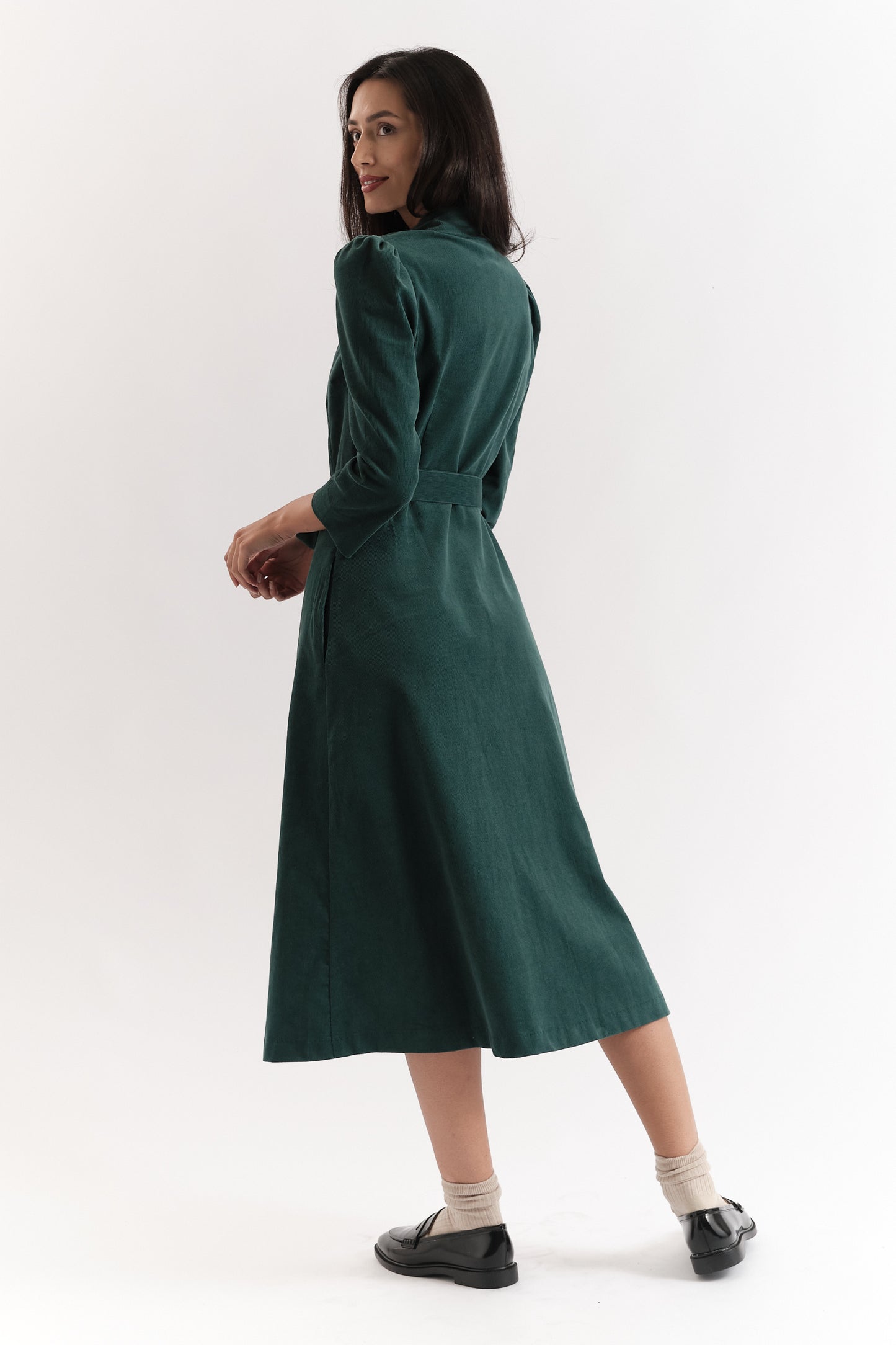 Monick 3/4 Sleeve Cord Midi Shirt Dress - Green