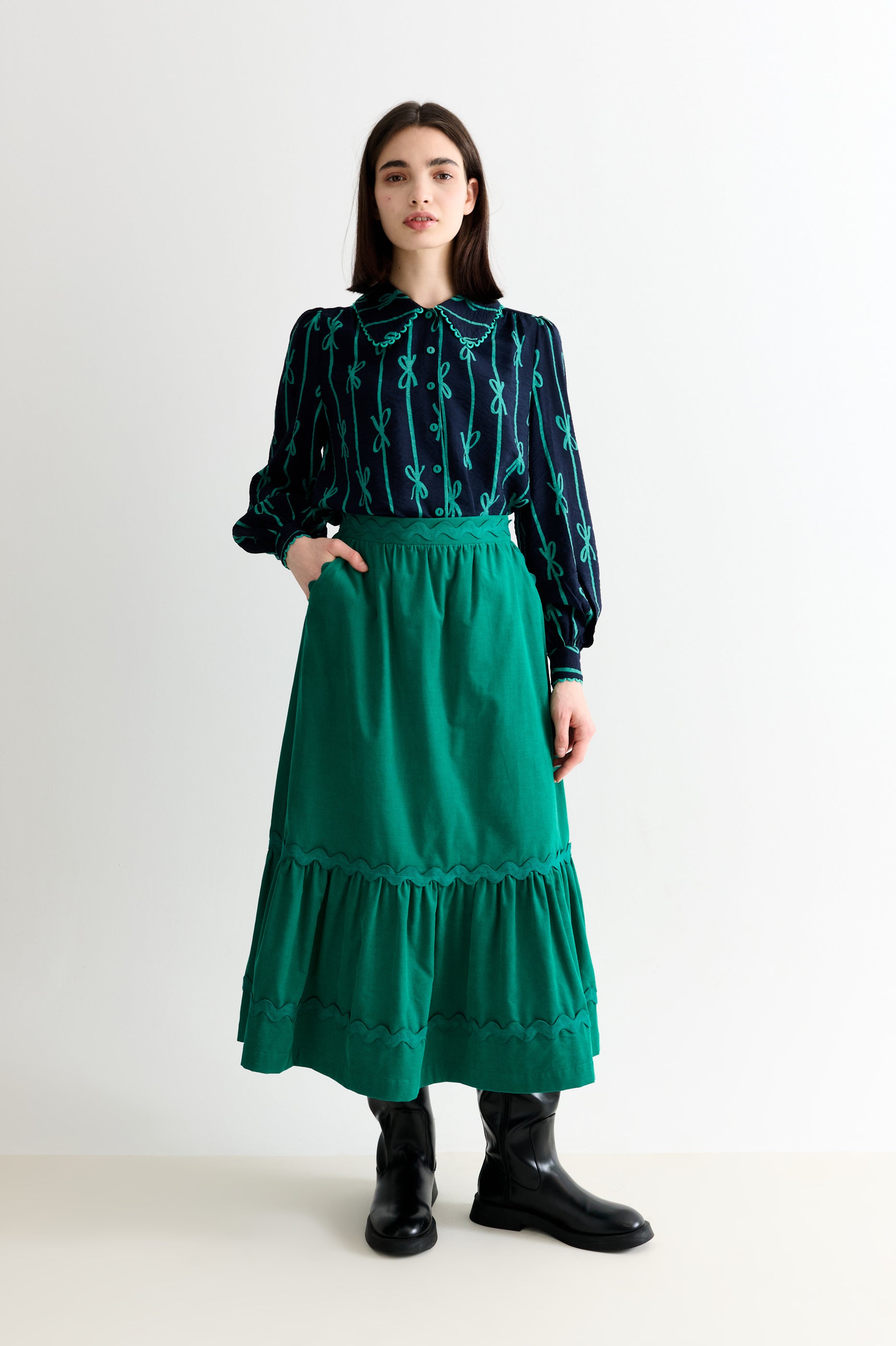 Montana Babycord Ric Rac Trim Tiered Midi Skirt - Teal