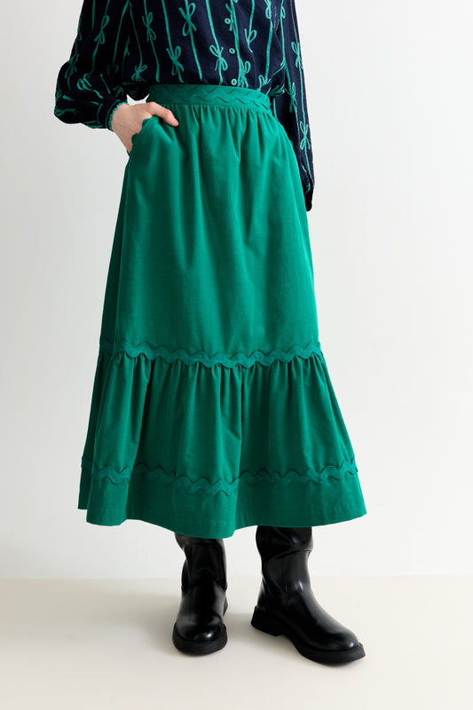 Montana Babycord Ric Rac Trim Tiered Midi Skirt - Teal