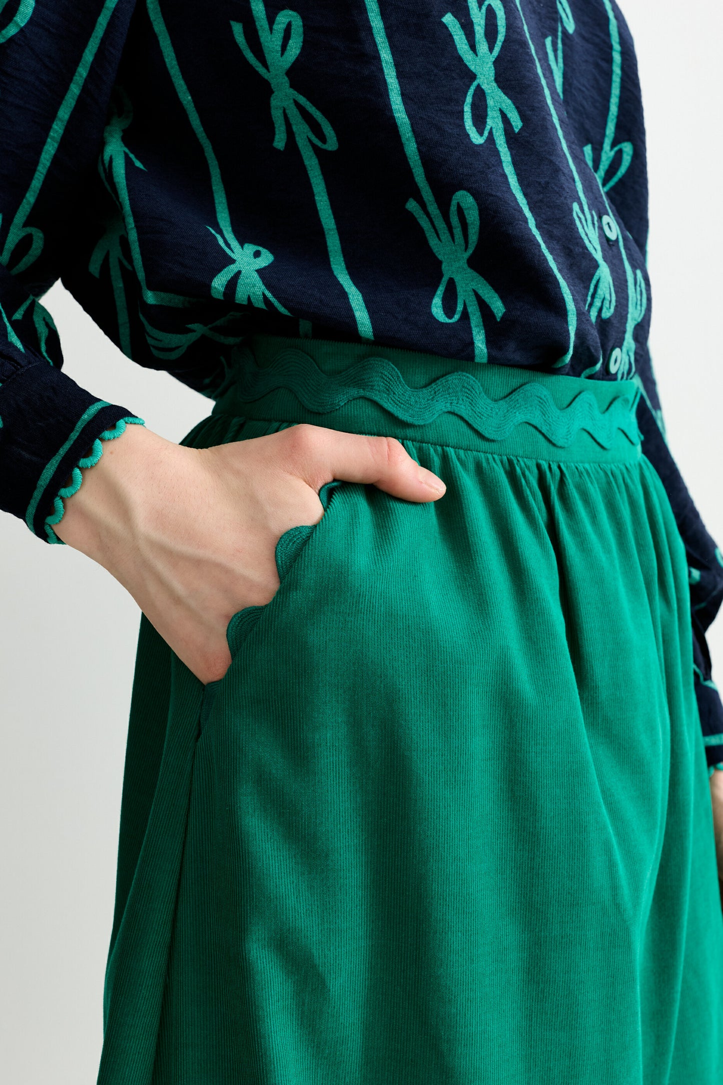 Montana Babycord Ric Rac Trim Tiered Midi Skirt - Teal