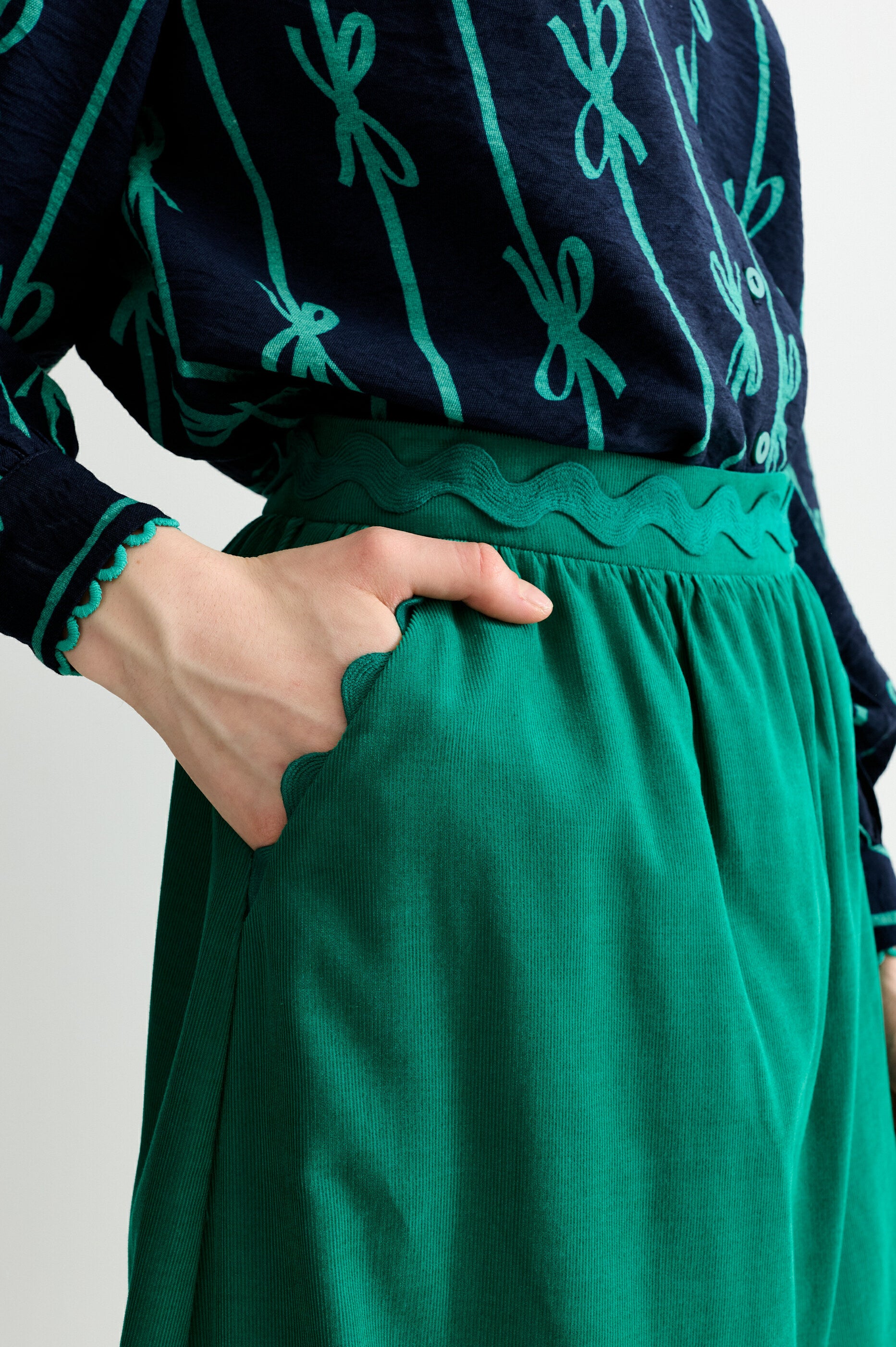 Montana Babycord Ric Rac Trim Tiered Midi Skirt - Teal - Detail 2