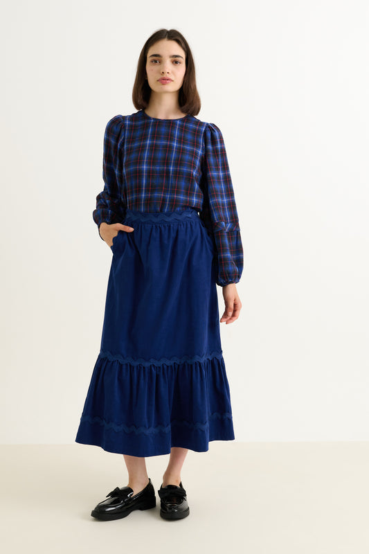 Montana Babycord Ric Rac Trim Tiered Midi Skirt - Navy