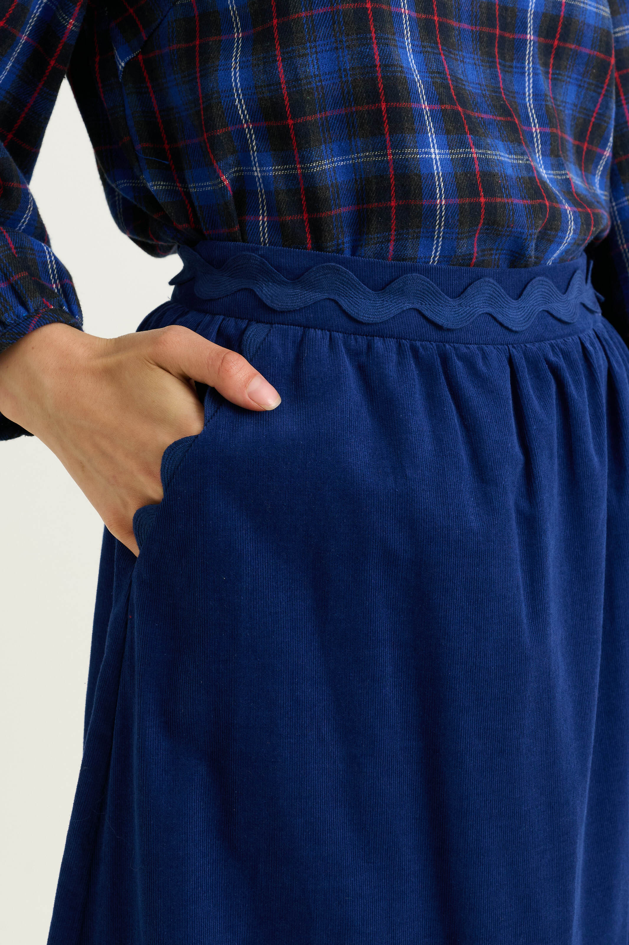 Montana Babycord Ric Rac Trim Tiered Midi Skirt - Navy - Detail 2