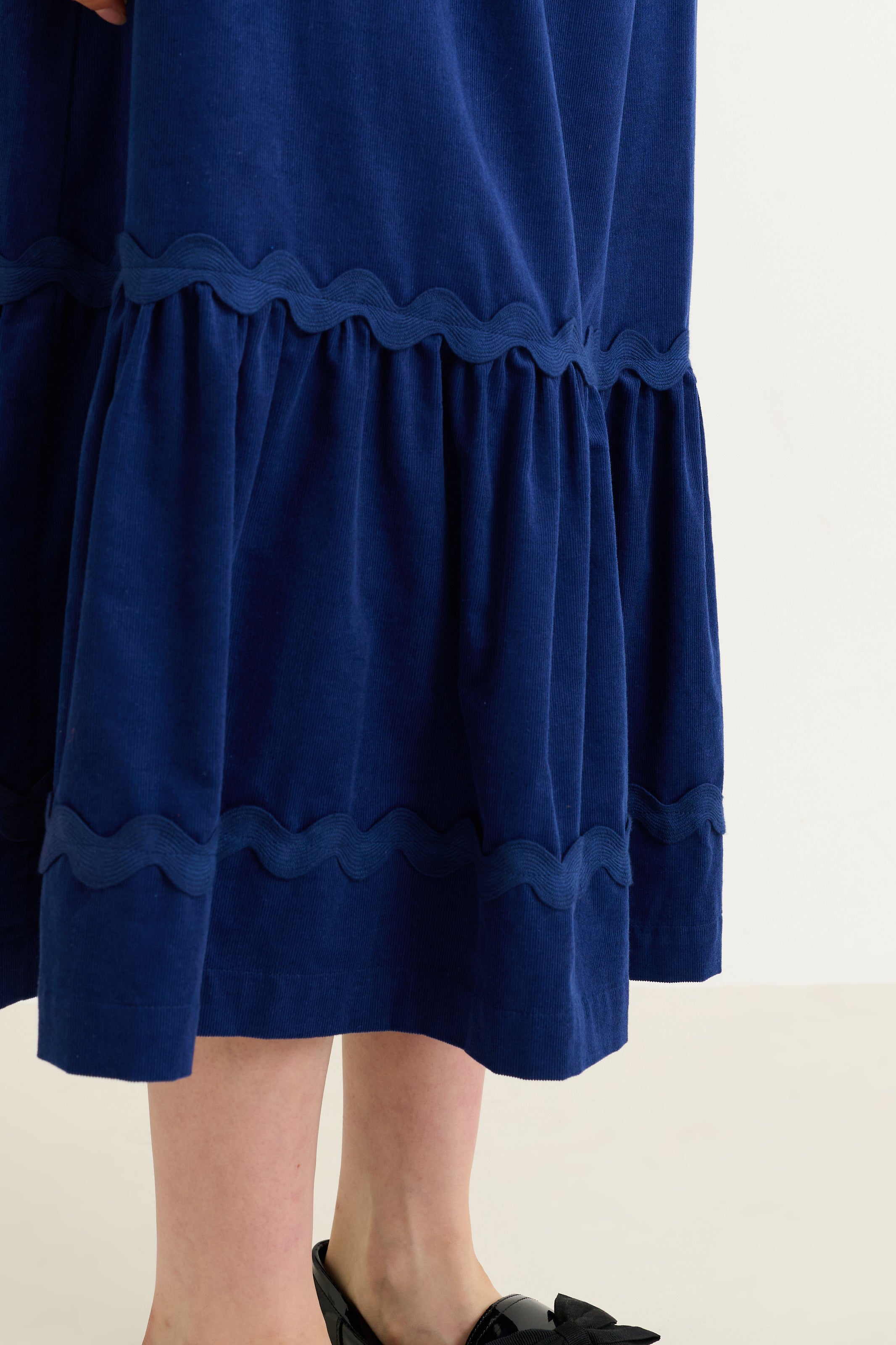 Montana Babycord Ric Rac Trim Tiered Midi Skirt - Navy - Detail 3