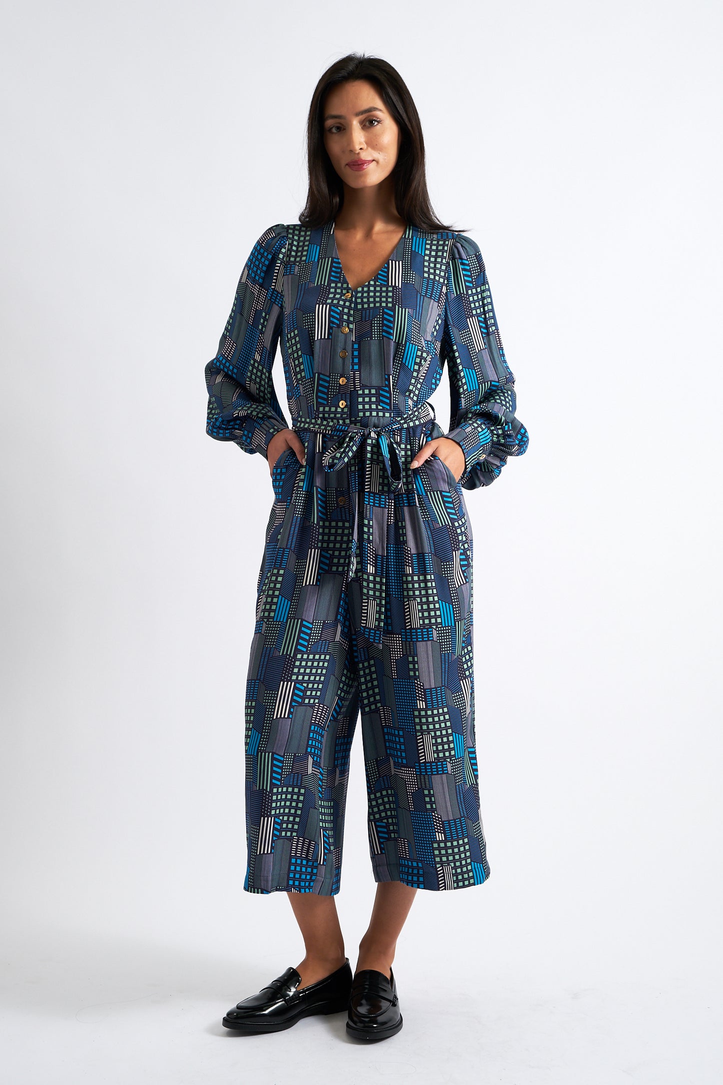 Moski Geo City Print Long Sleeve Jumpsuit