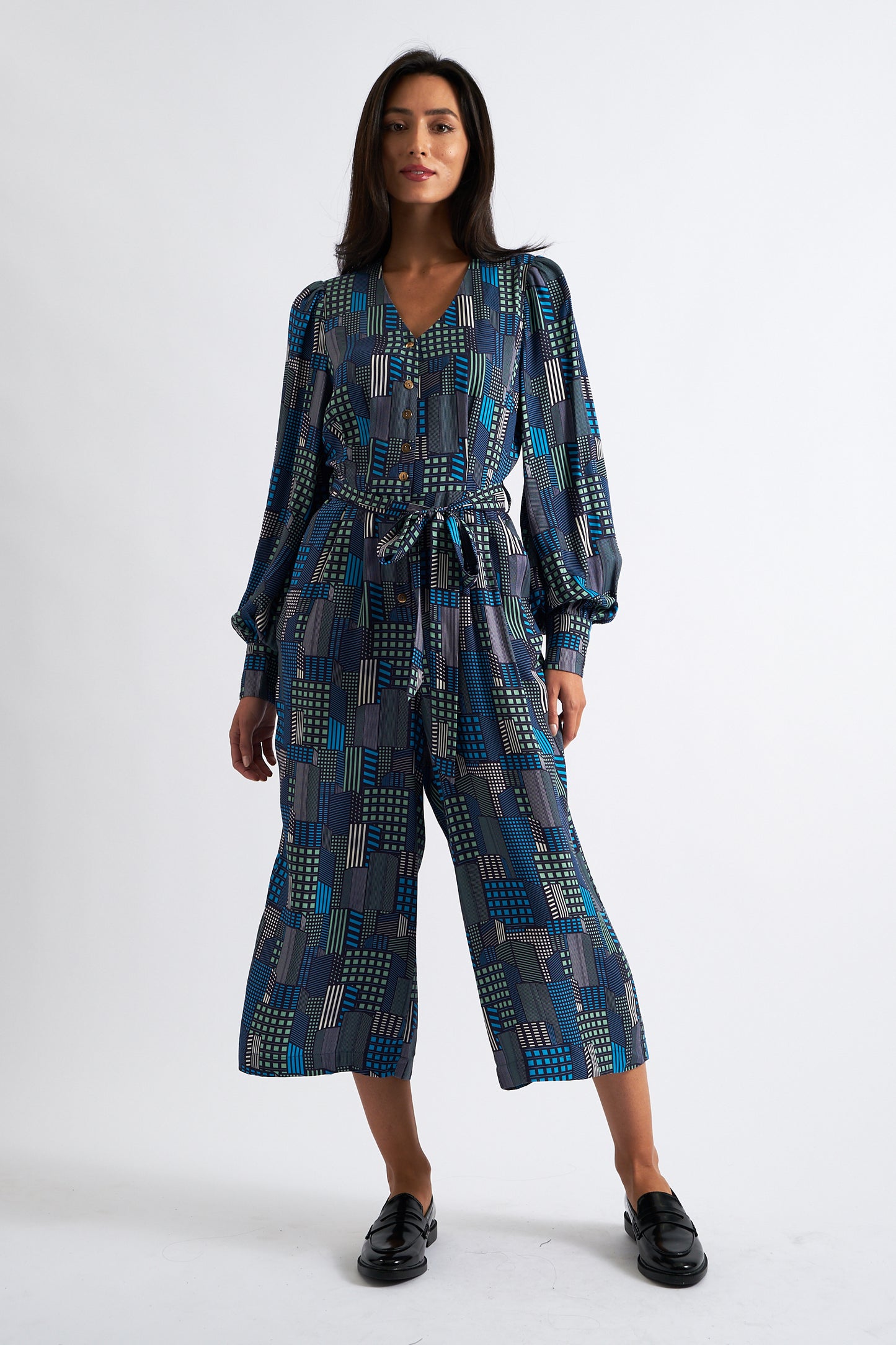 Moski Geo City Print Long Sleeve Jumpsuit