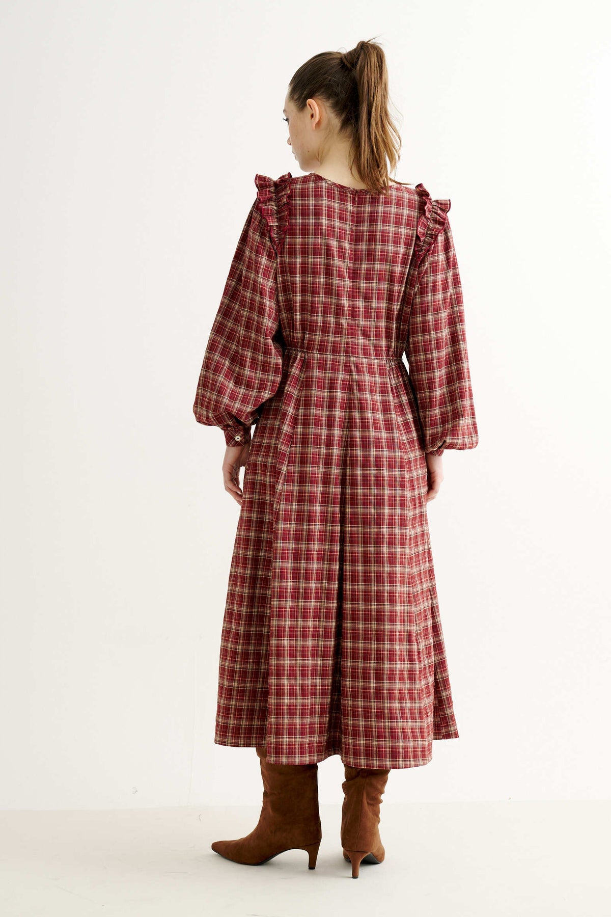 Maisie Shadow Check Long Sleeve Dress - Russet