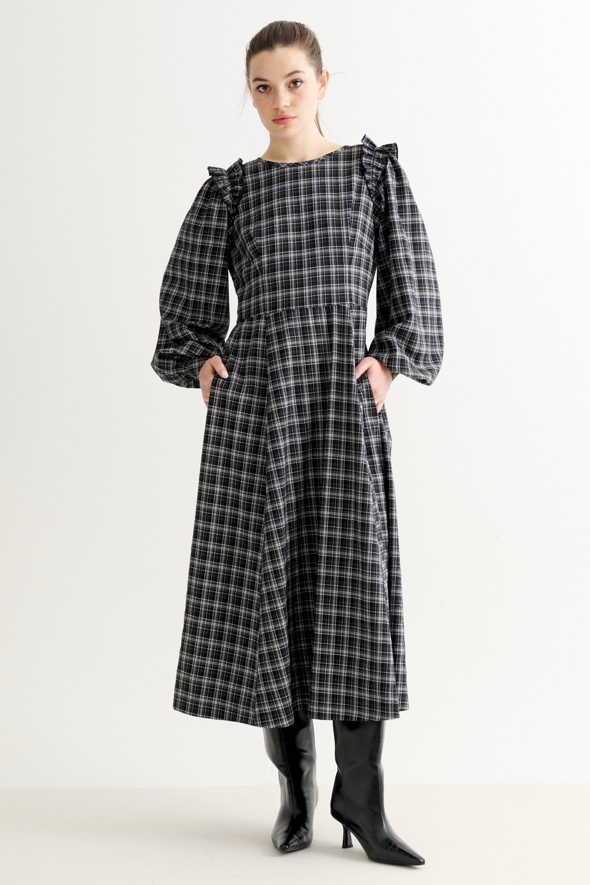 Maisie Shadow Check Long Sleeve Dress - Black & White