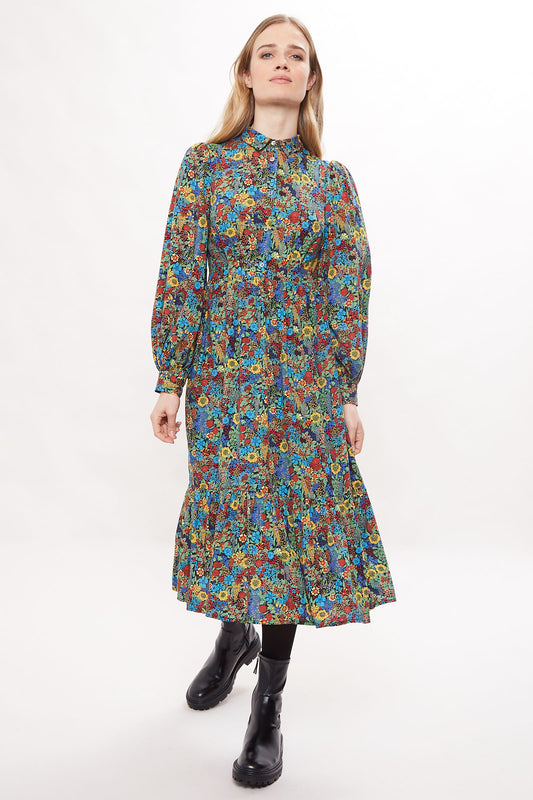 Louche Nathalia Floret Print Tiered Midi Shirt Dress