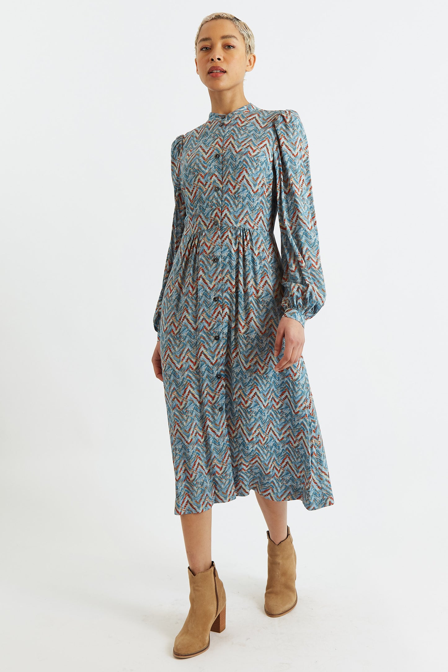 Nayma Art Attack Print Long Sleeve Midi Dress - Duck Egg