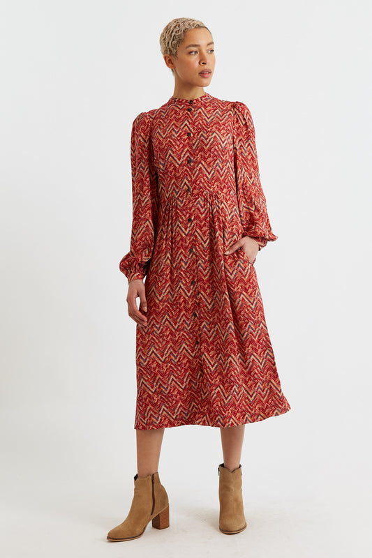 Nayma Art Attack Print Long Sleeve Midi Dress - Red