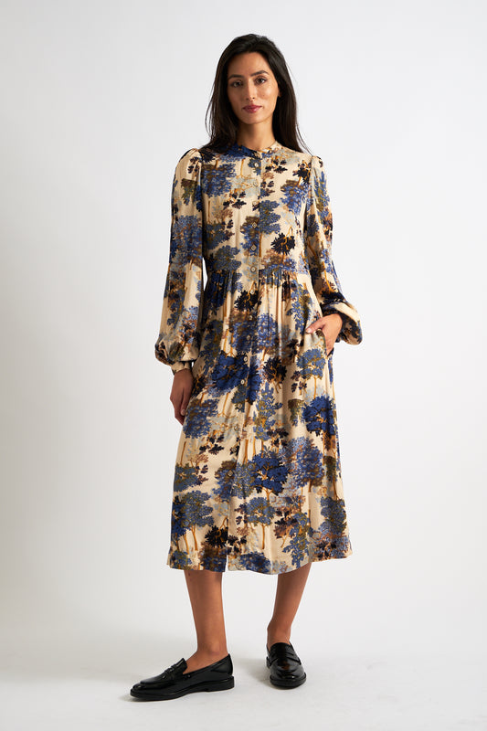 Nayma Forest Scape Print Midi Dress - Navy