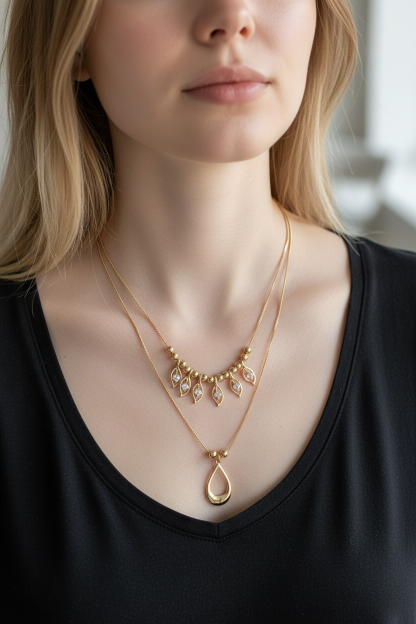 2 Layer Diamanté and Gold Bead Necklace