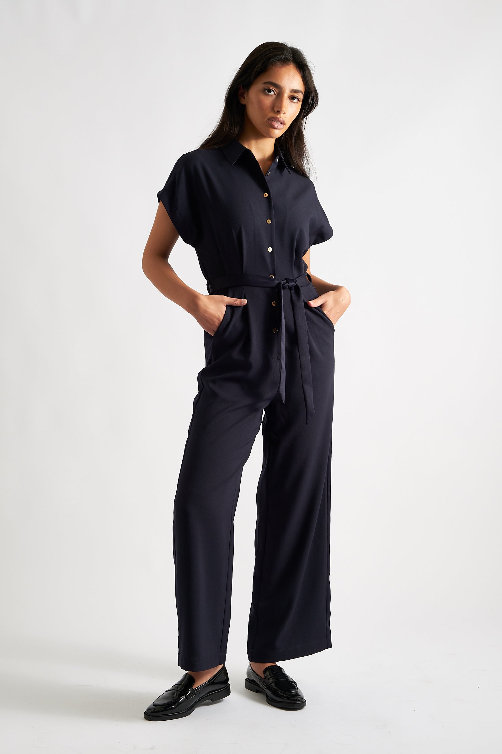 Navy Sustainable Fabric Button Up Tie Waist Short Sleeved Collared Jumpsuit