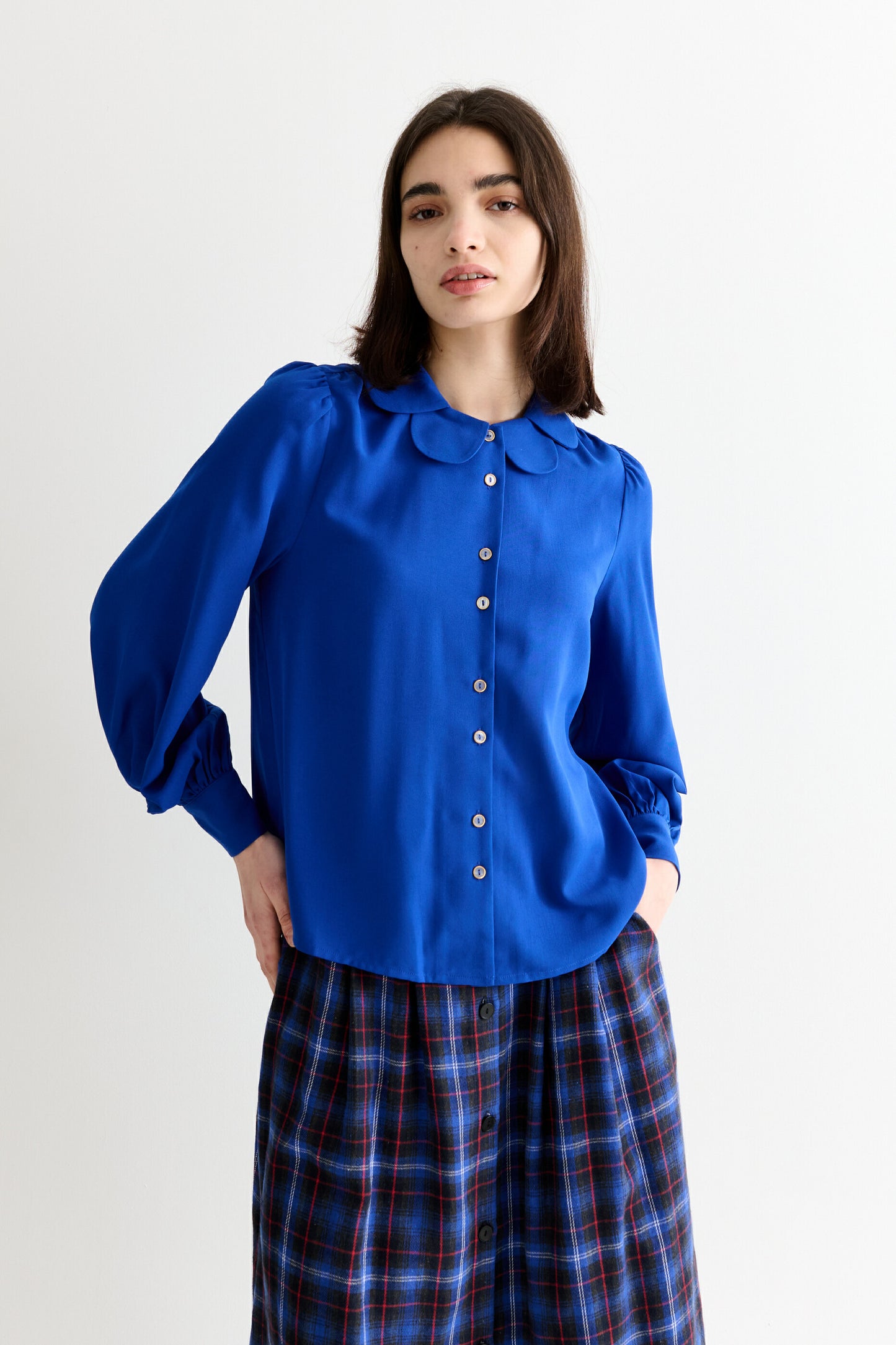 Octavia Moss Crepe Overlap Collar Shirt - Blue