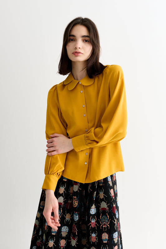 Octavia Moss Crepe Overlap Collar Shirt - Mustard