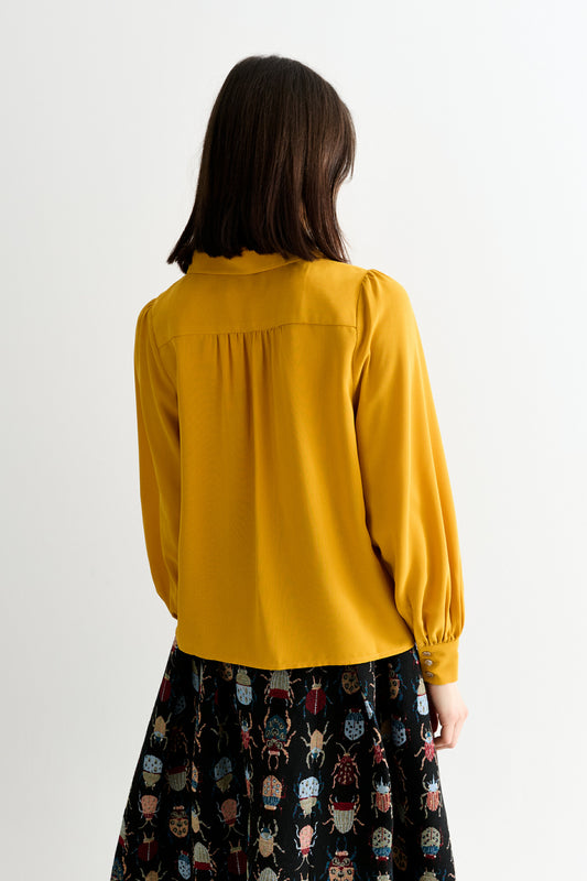 Octavia Moss Crepe Overlap Collar Shirt - Mustard