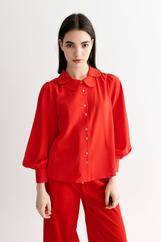 Octavia Moss Crepe Overlap Collar Shirt - Red