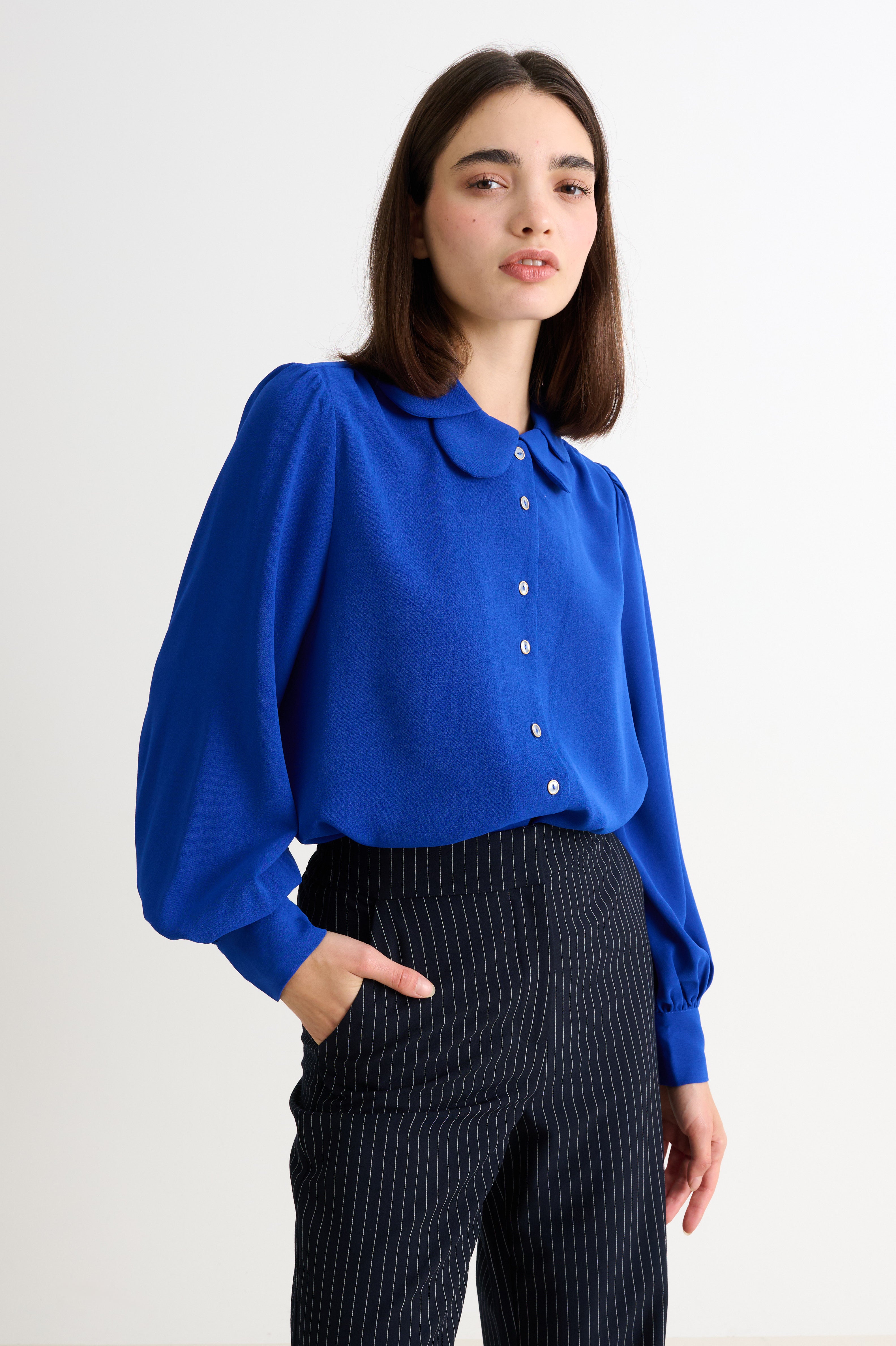Octavia Crepe Petal Collar Blouse - Blue