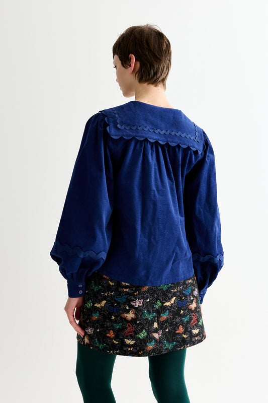 Pallas Babycord Big Collar Ric Rac Trimmed Blouse - Navy