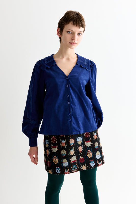 Pallas Babycord Big Collar Ric Rac Trimmed Blouse - Navy