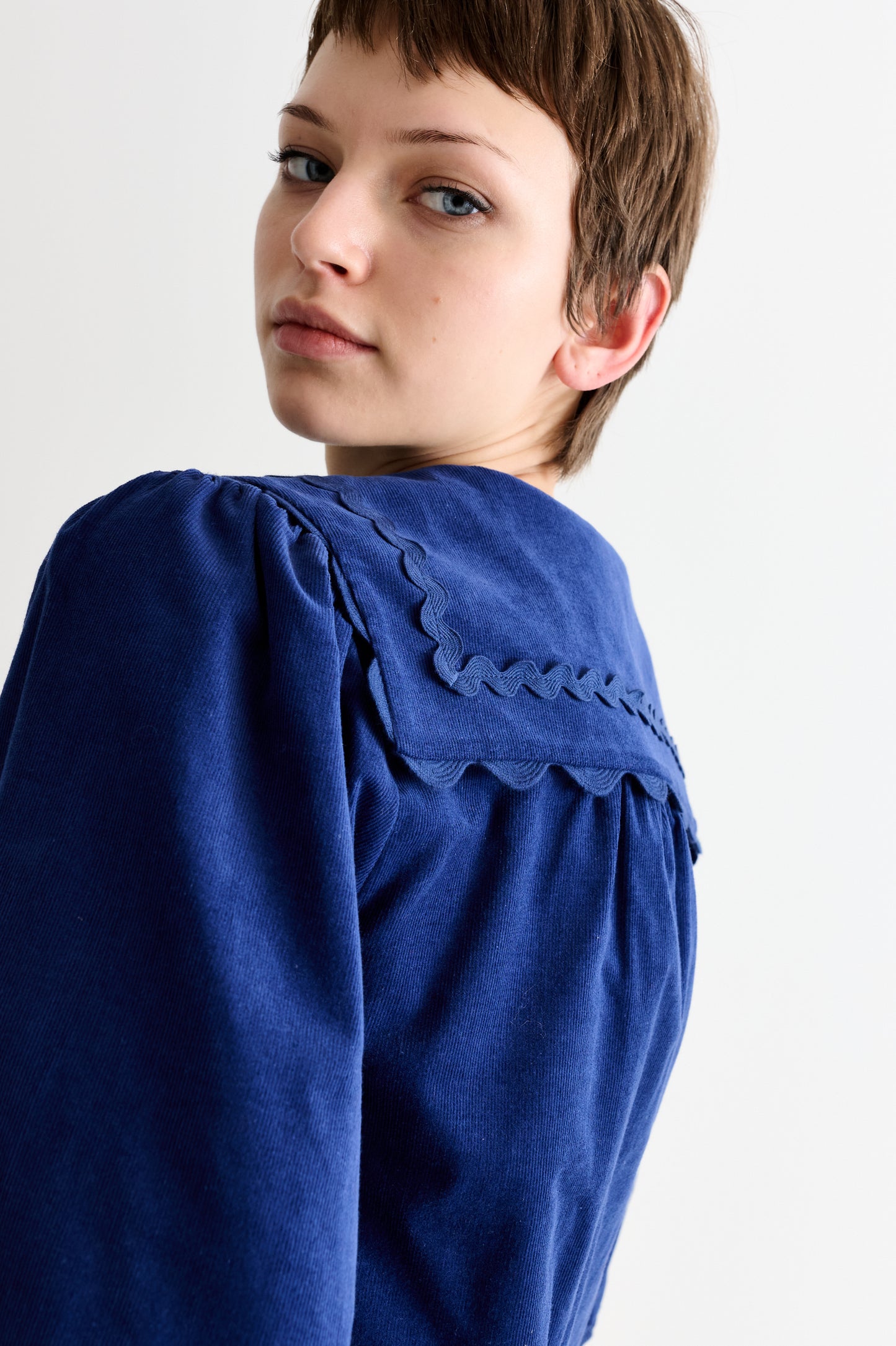 Pallas Babycord Big Collar Ric Rac Trimmed Blouse - Navy