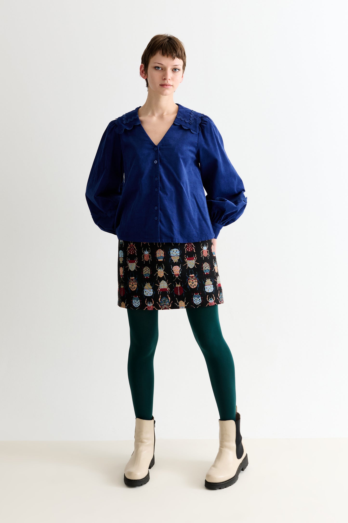 Pallas Babycord Big Collar Ric Rac Trimmed Blouse - Navy