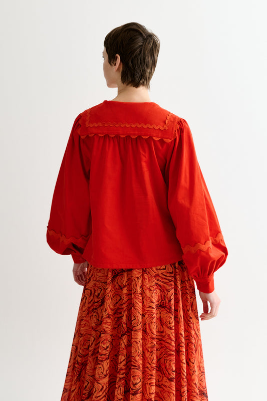 Pallas Babycord Big Collar Ric Rac Trimmed Blouse - Red