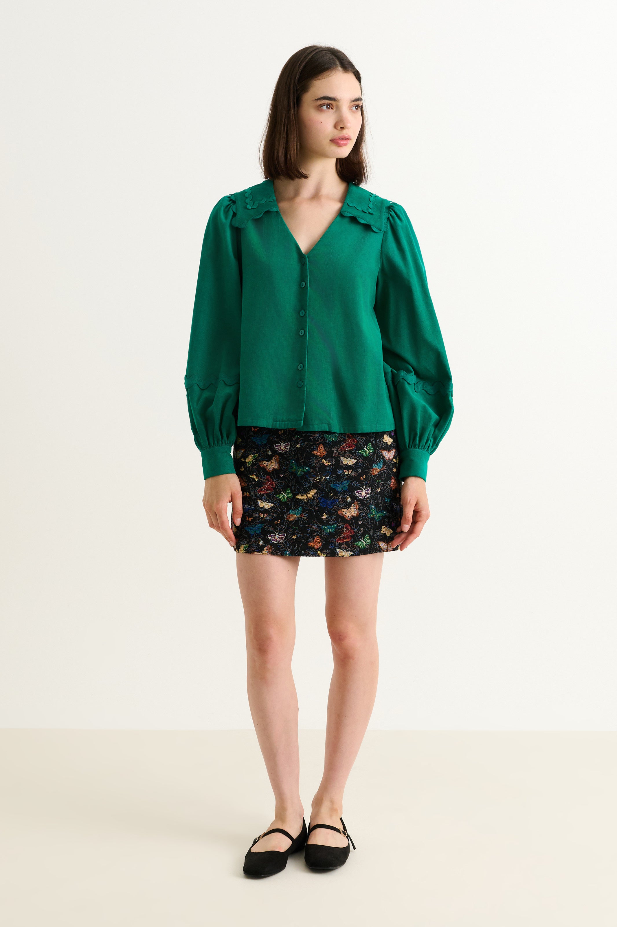 Pallas Babycord Big Collar Ric Rac Trimmed Blouse - Teal