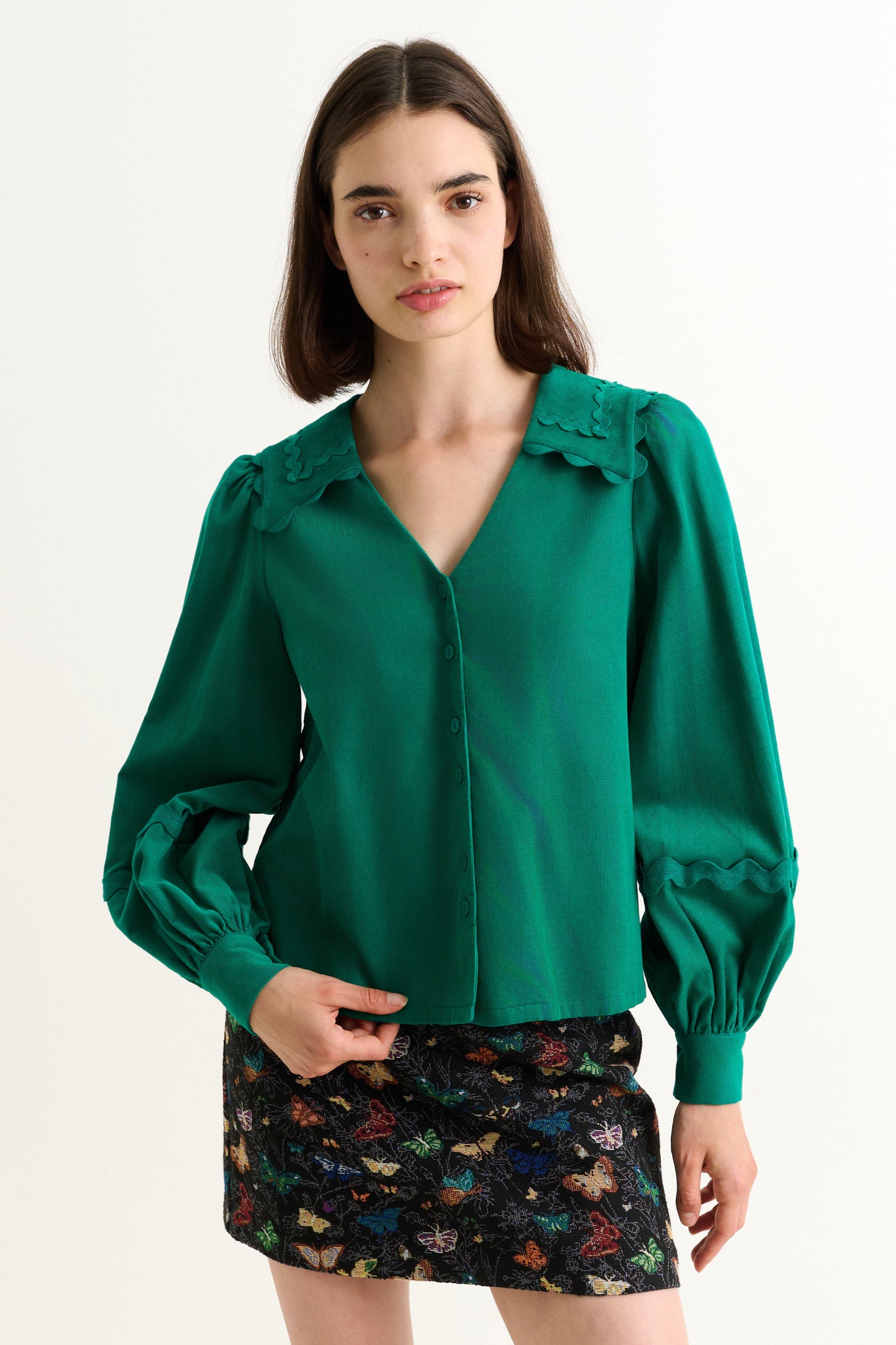 Pallas Babycord Big Collar Ric Rac Trimmed Blouse - Teal