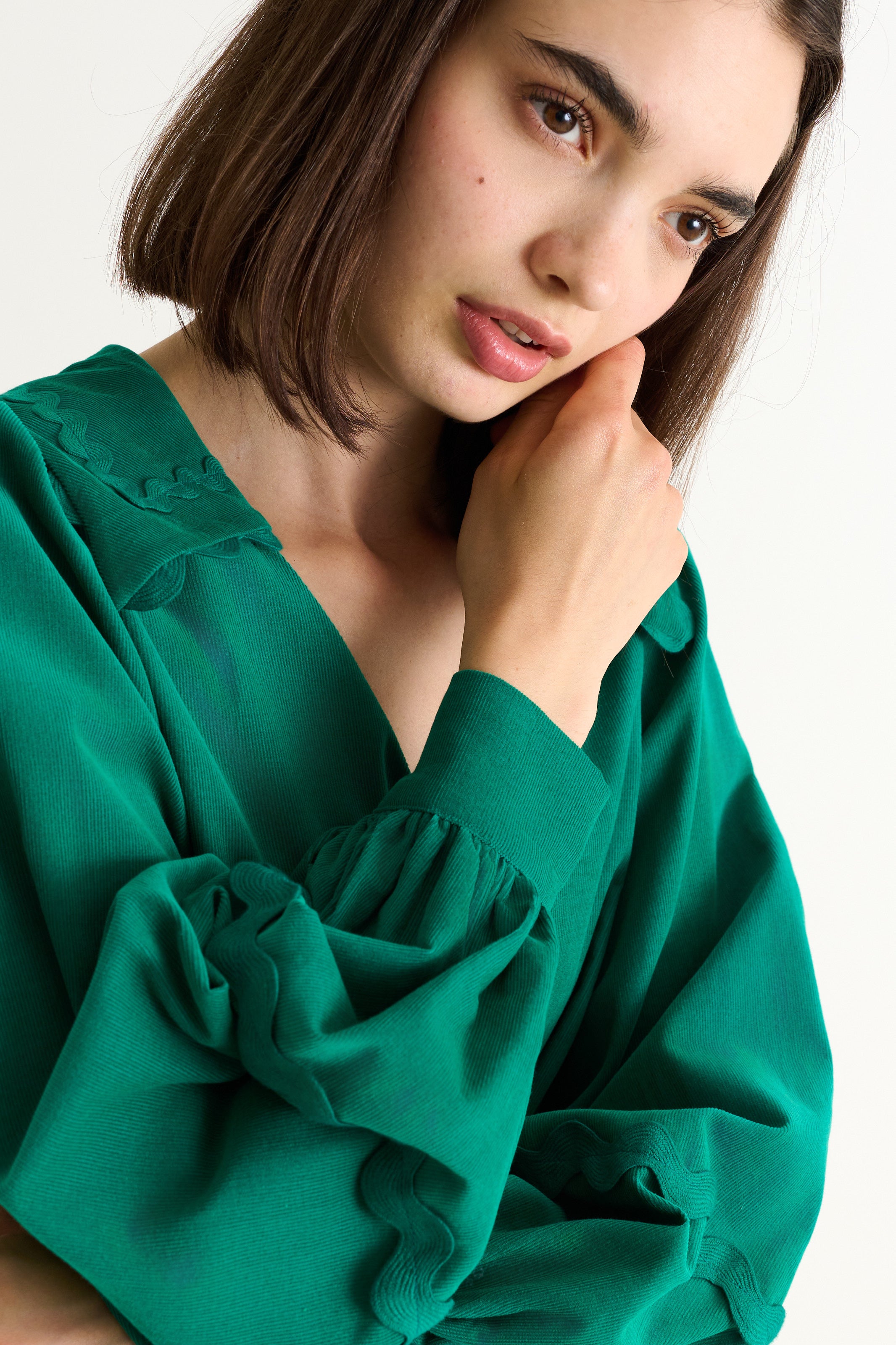 Pallas Babycord Big Collar Ric Rac Trimmed Blouse - Teal