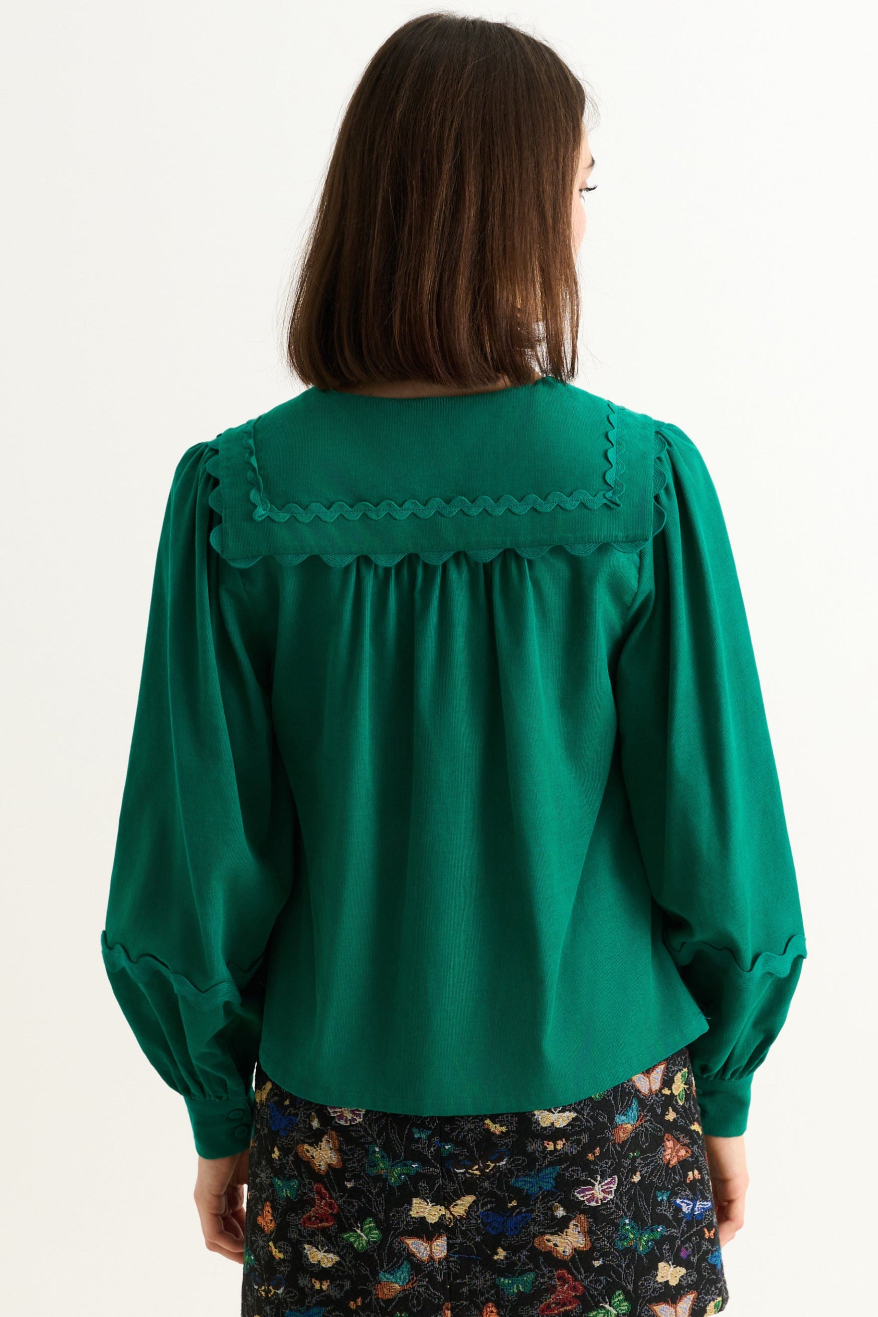 Pallas Babycord Big Collar Ric Rac Trimmed Blouse - Teal