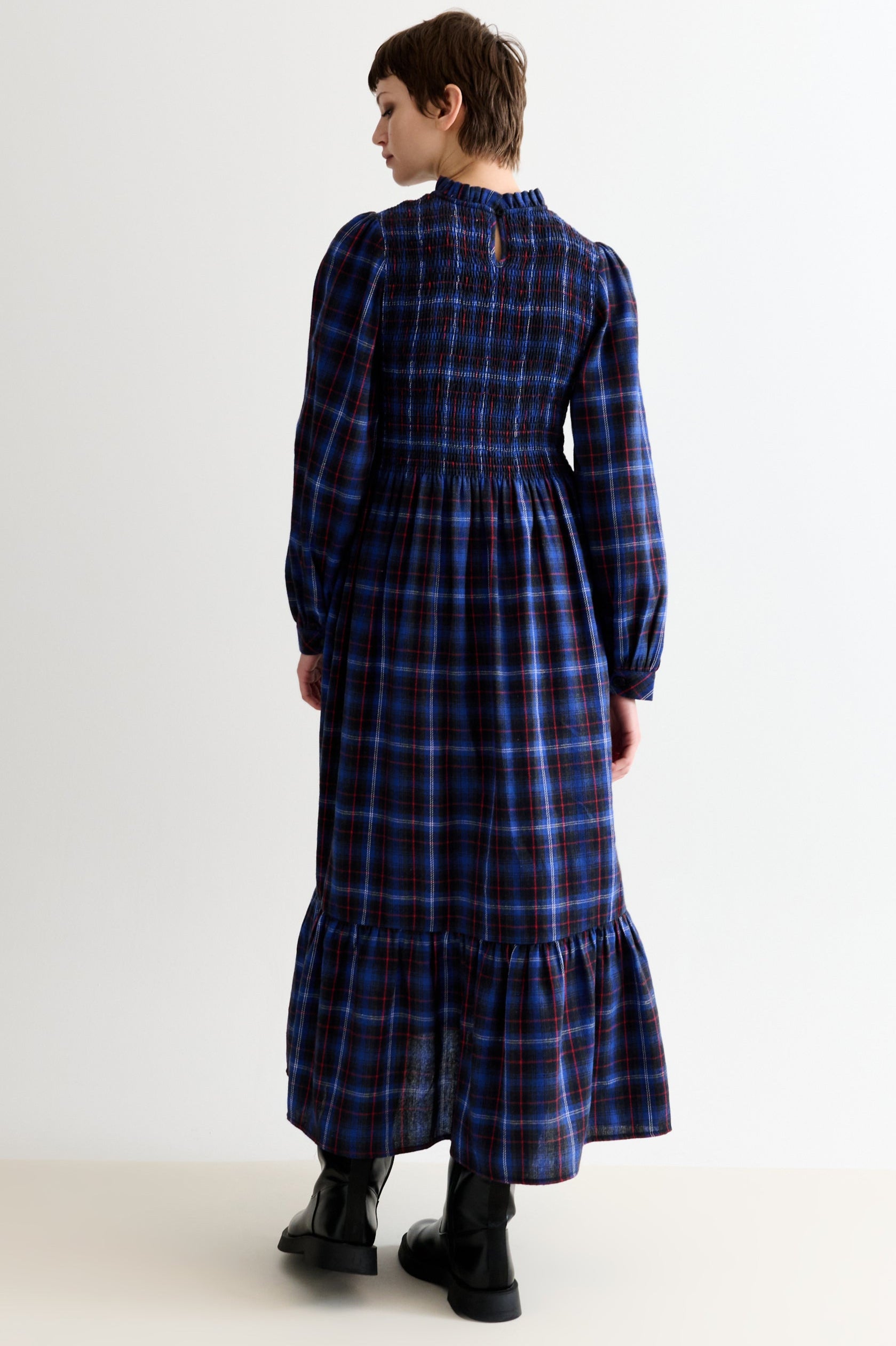 Peppi Winter Check Smocked Bodice Midi Dress - Blue - Detail 1