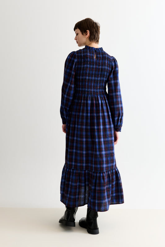 Peppi Winter Check Smocked Bodice Midi Dress - Blue