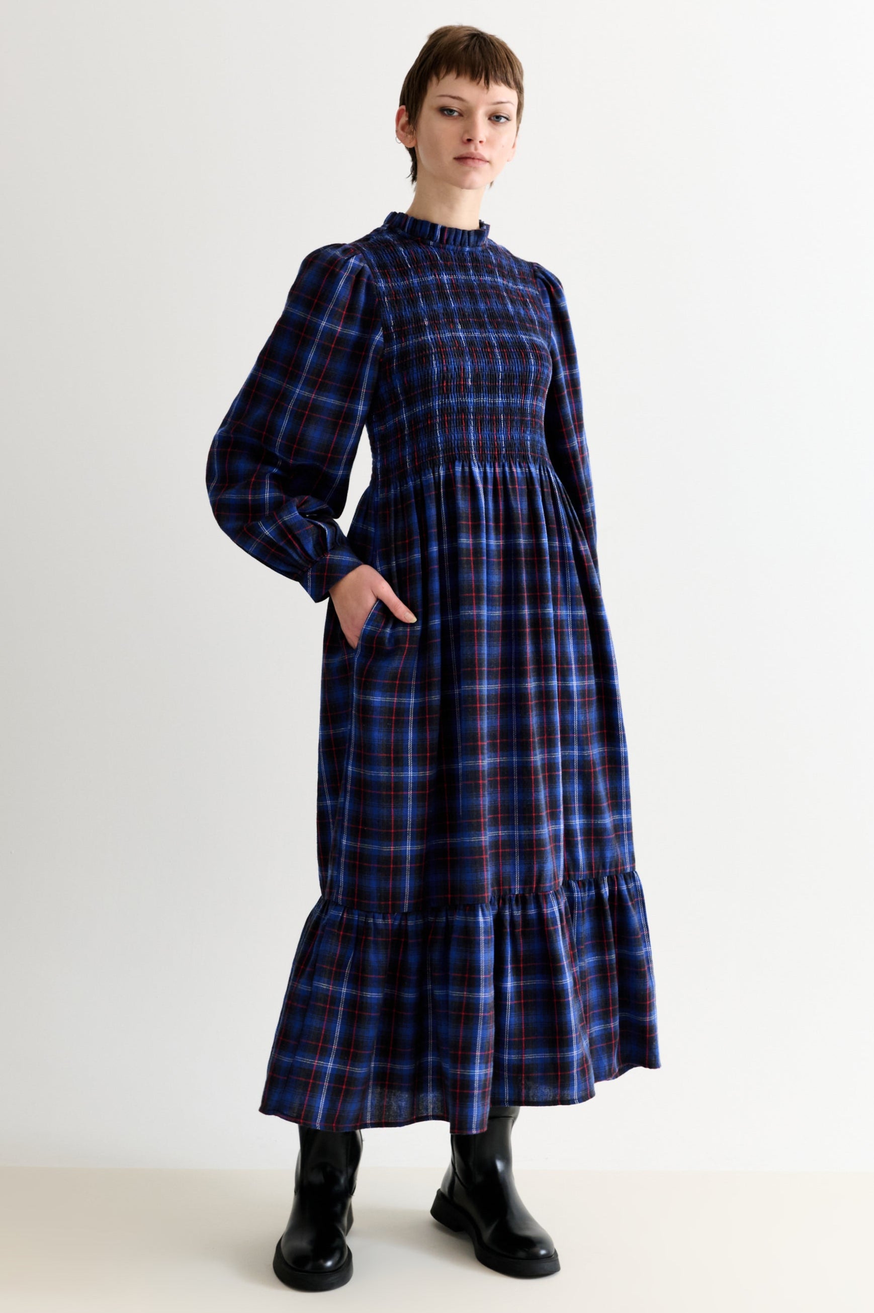 Peppi Winter Check Smocked Bodice Midi Dress - Blue
