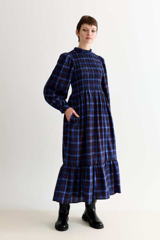 Peppi Winter Check Smocked Bodice Midi Dress - Blue