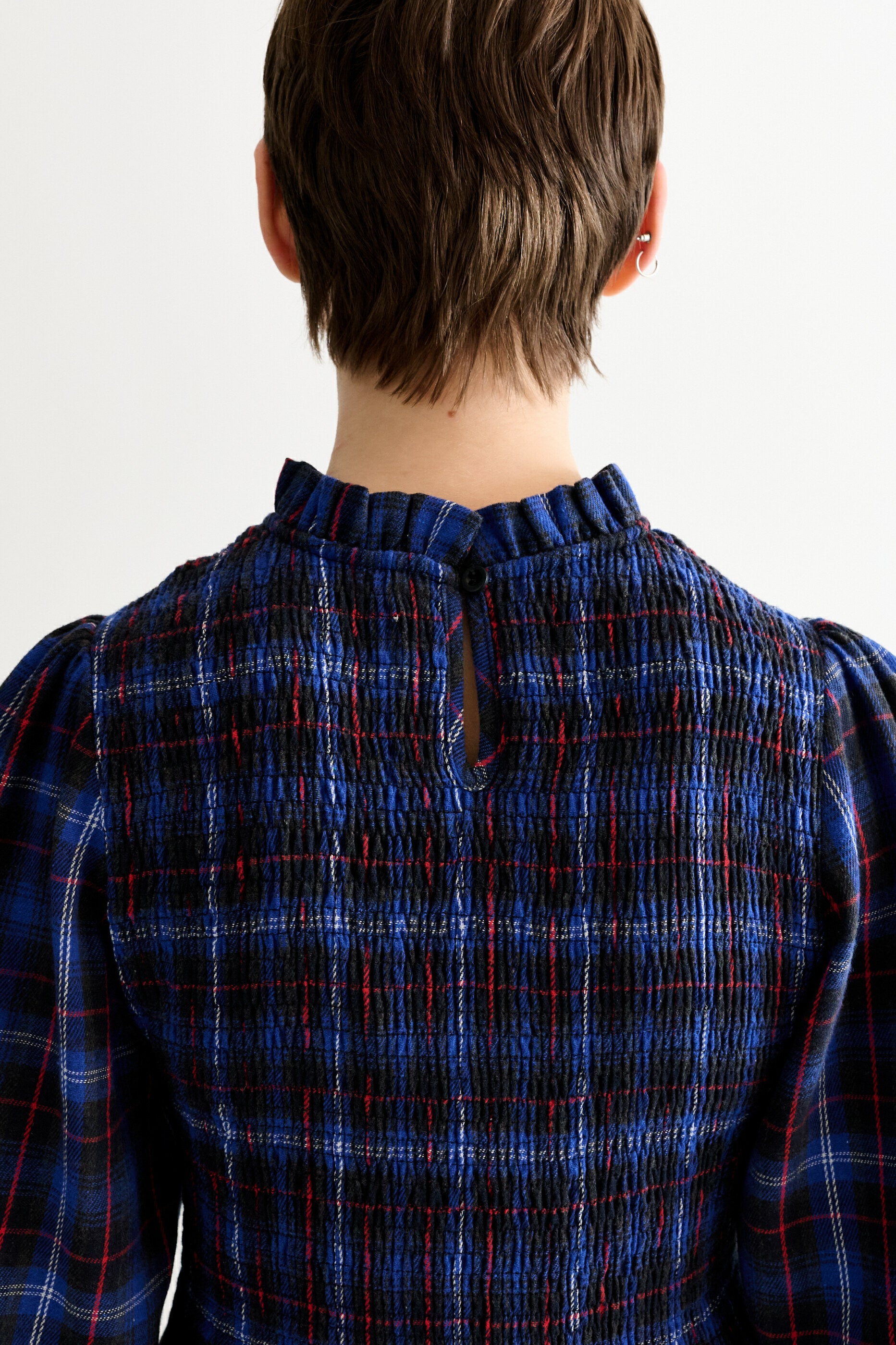 Peppi Winter Check Smocked Bodice Midi Dress - Blue - Detail 2