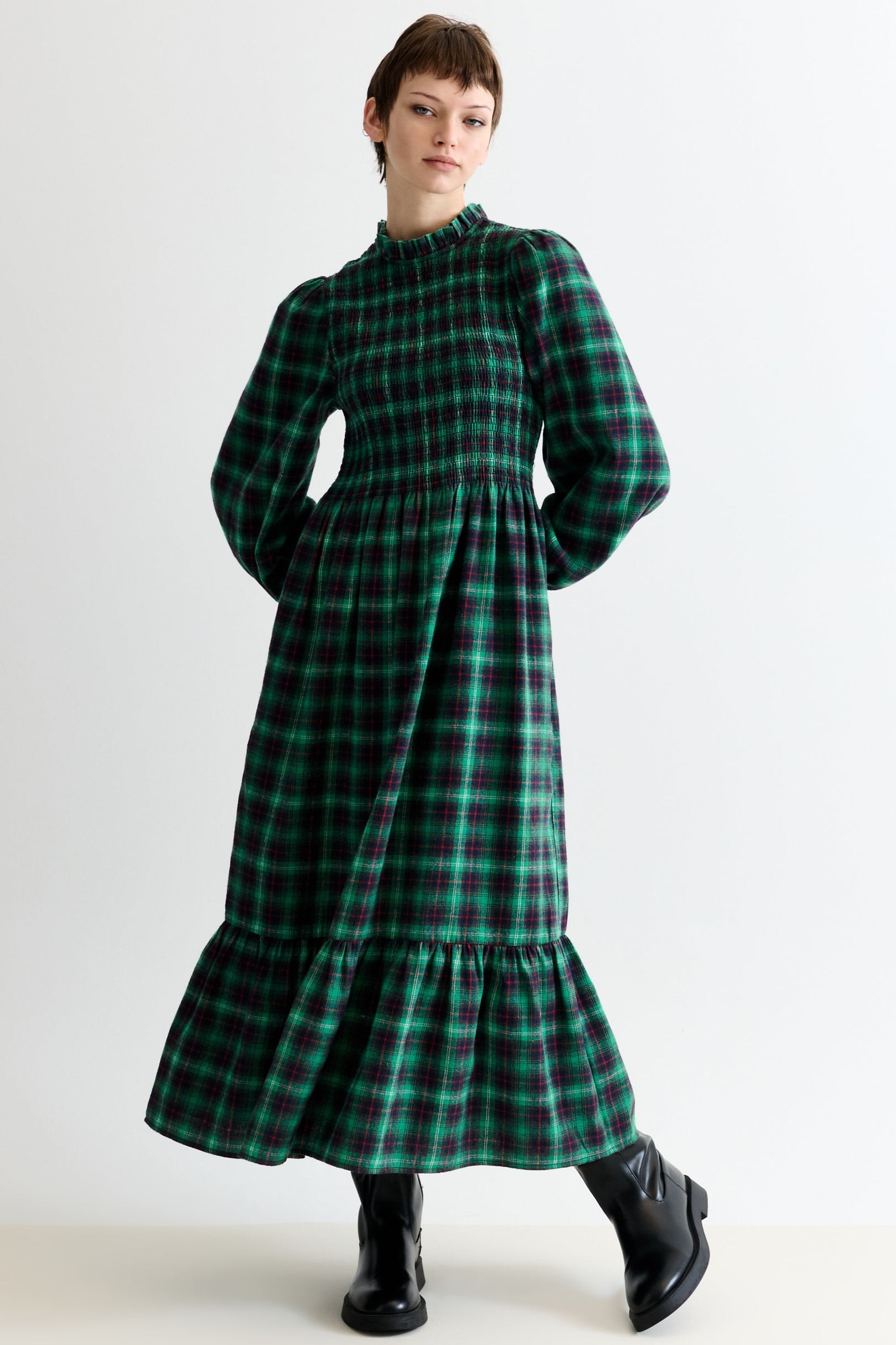 Peppi Winter Check Smocked Bodice Midi Dress - Green