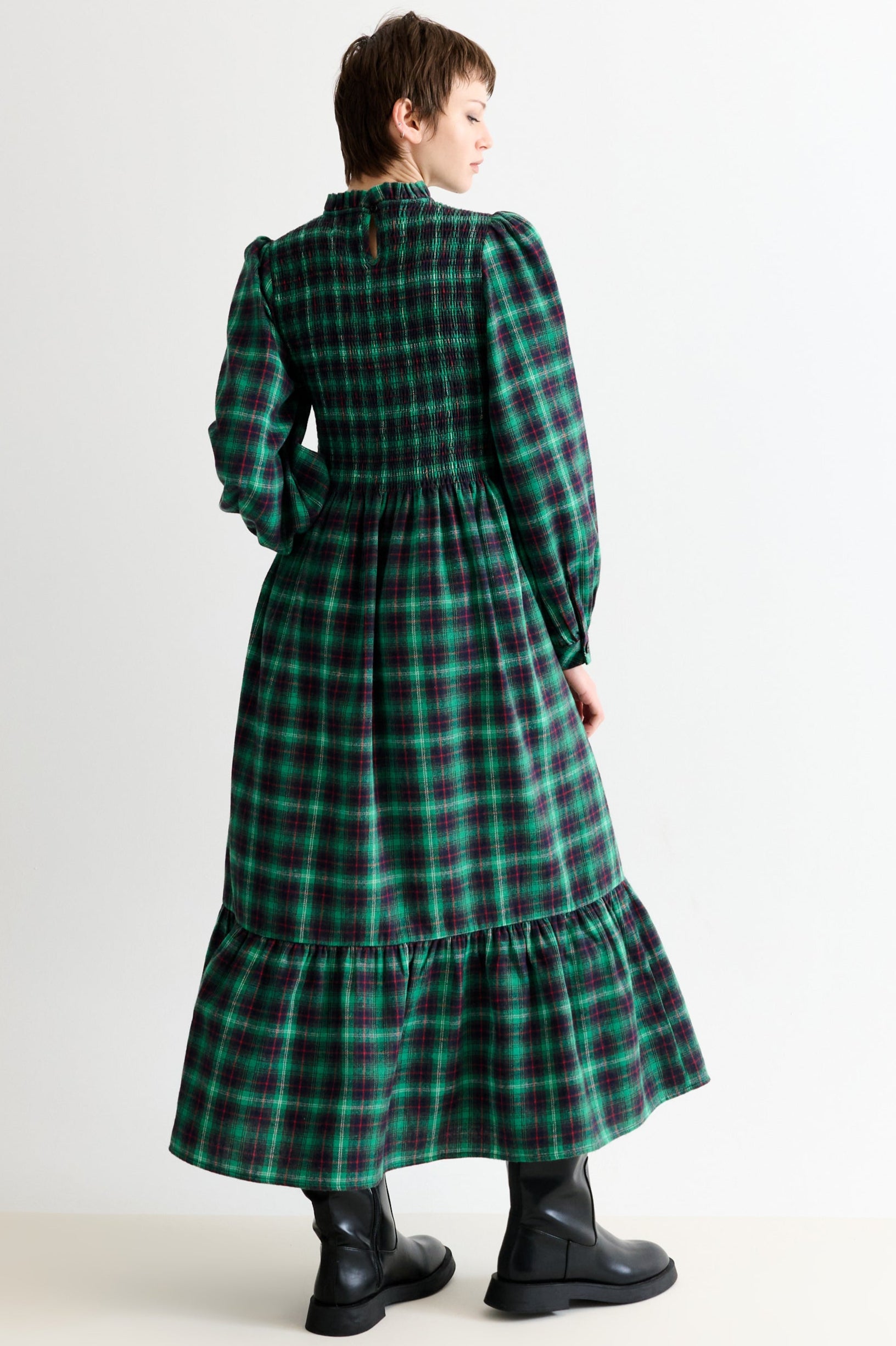 Peppi Winter Check Smocked Bodice Midi Dress - Green