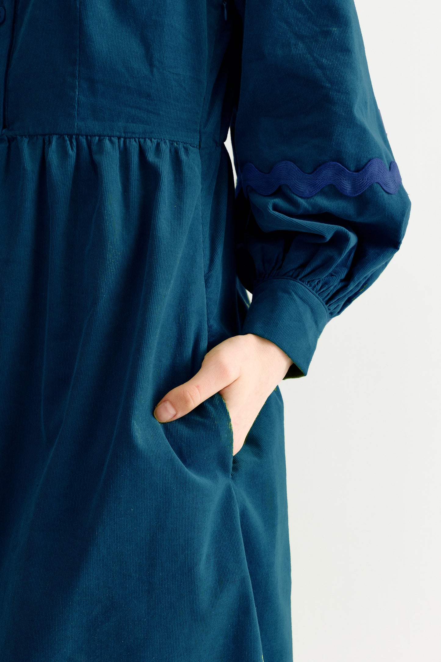 Prudence Babycord Big Collar Ric Rac Trim Midi Dress - Navy