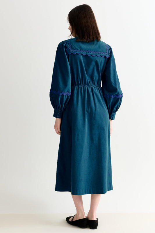 Prudence Babycord Big Collar Ric Rac Trim Midi Dress - Navy