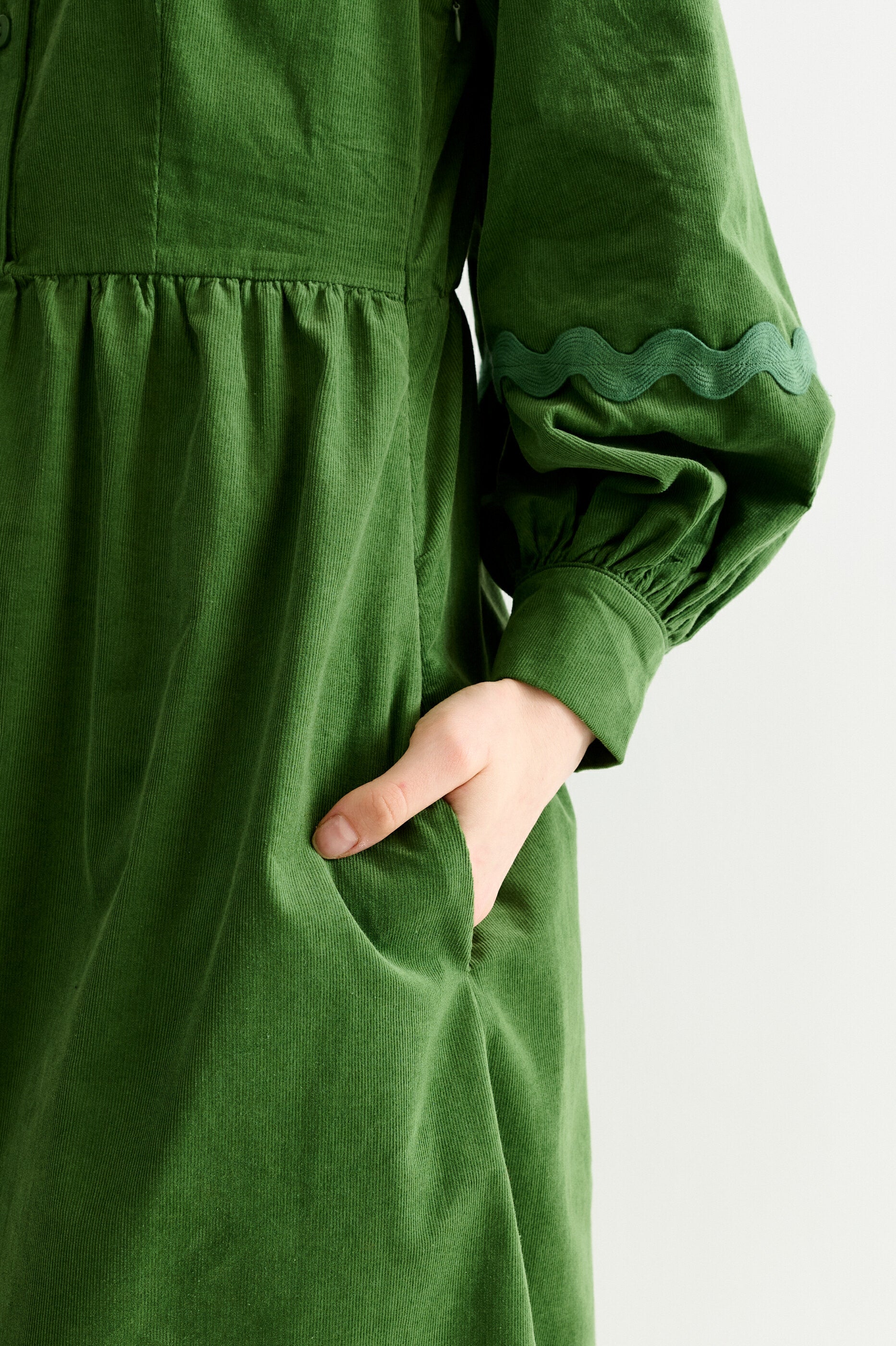 Prudence Babycord Big Collar Ric Rac Trim Midi Dress - Olive - Detail 4