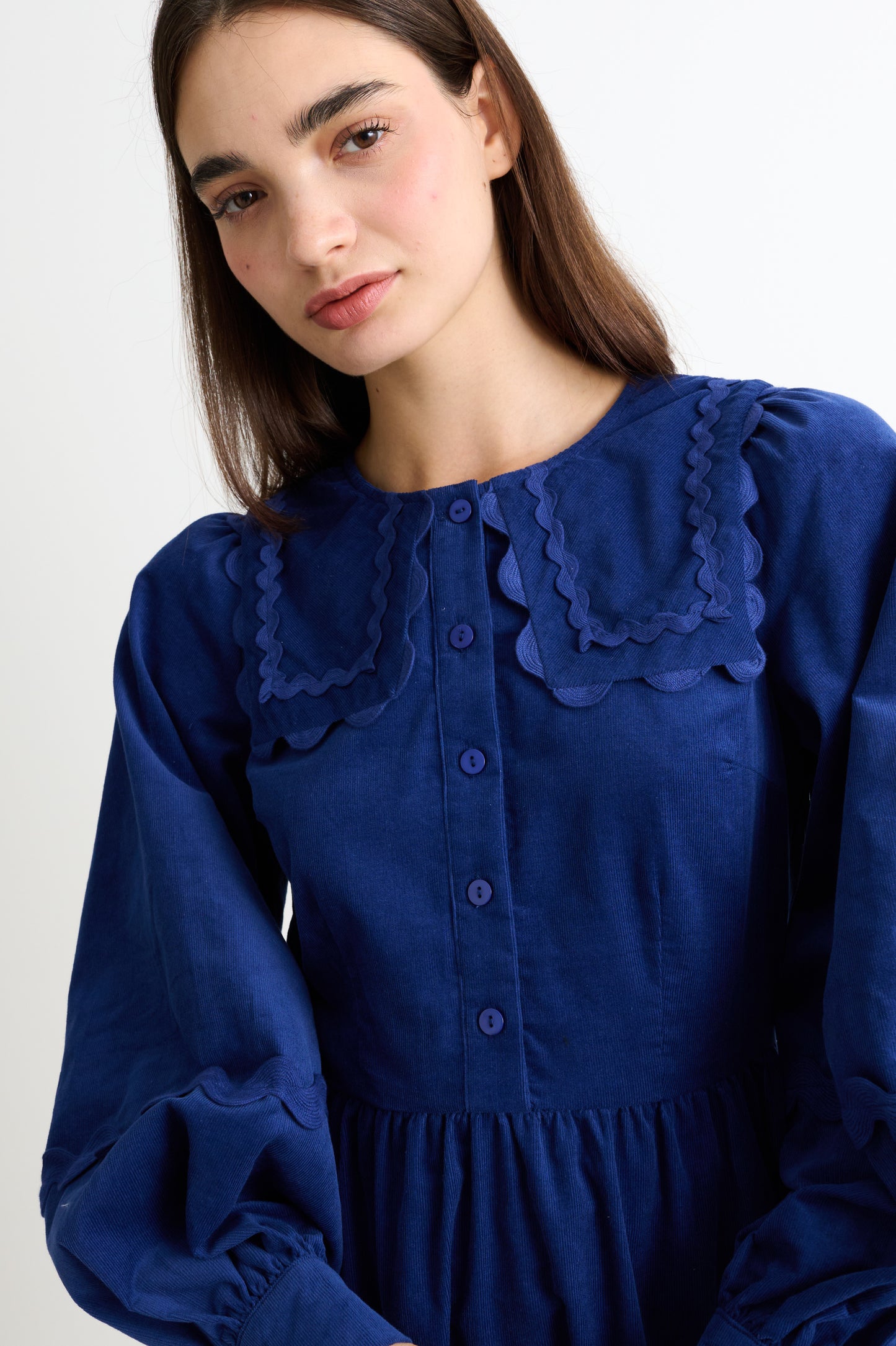 Prudence Babycord Big Collar Ric Rac Trim Midi Dress - Navy