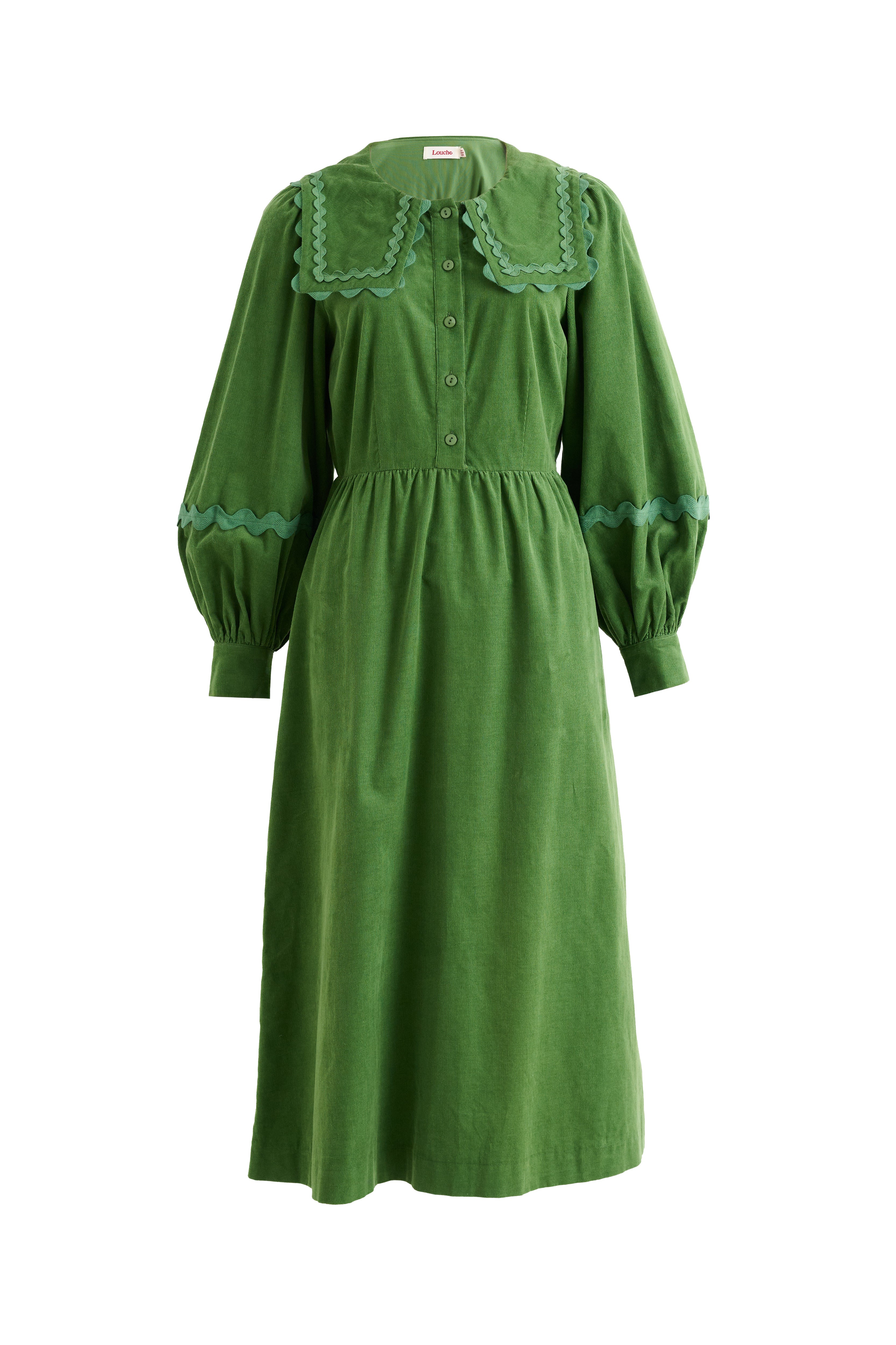 Prudence Babycord Big Collar Ric Rac Trim Midi Dress - Olive - Styled