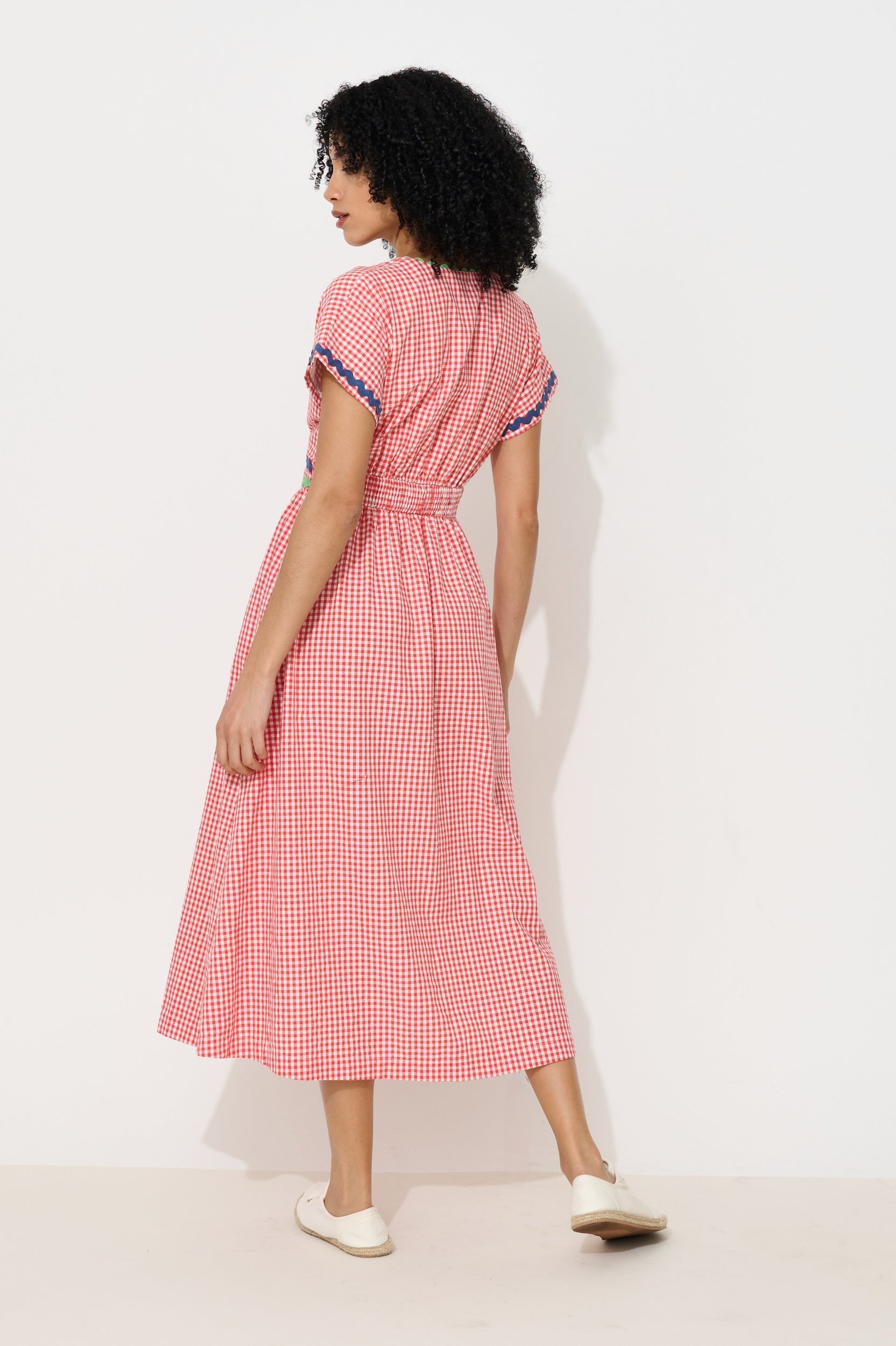Unity Gingham Ric Rac Trim V-Neck Midi Dress - Red