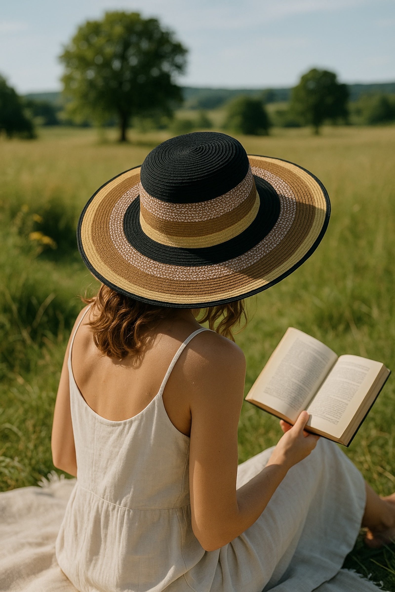 Delinda Black,Gold,And,Natural Striped Straw Hat
