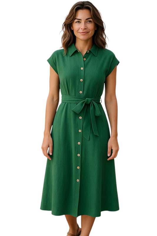Reese Linen Mix Button Through Midi Shirt Dress - Green