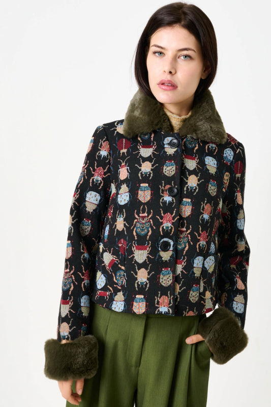 Kent Beetlejuice Jacquard Fur Trim Cropped Jacket